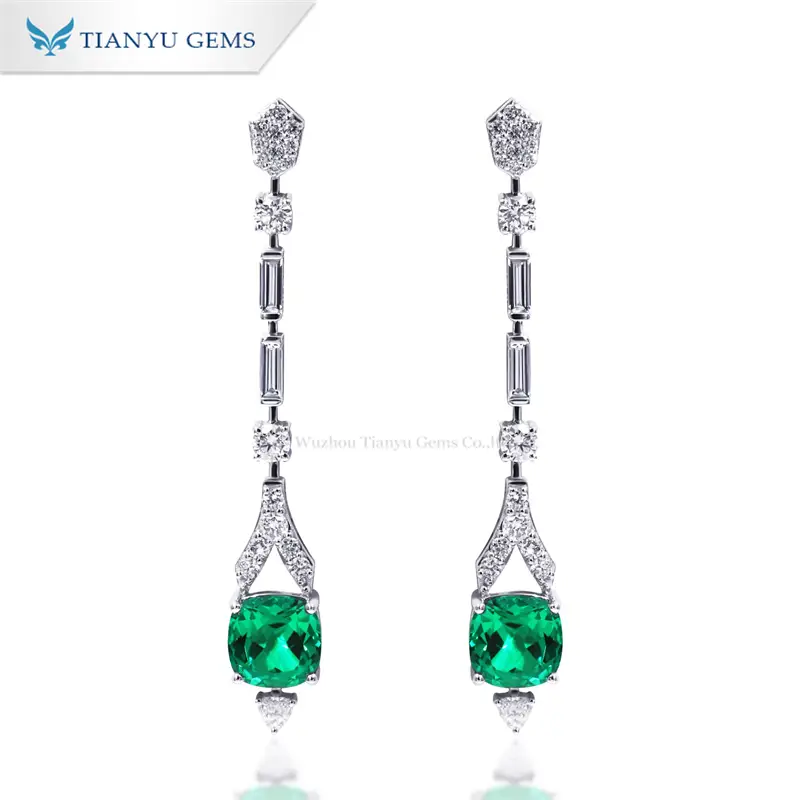 Tianyu Gems cushion cut lab emerald and moissanite diamond 14k white gold Pendant Earrings 1