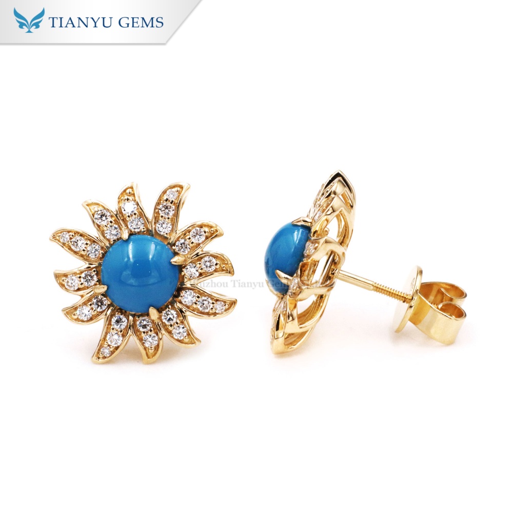 Tianyu Gems Gold Turquoise Earrings 18k Yellow Gold Lab Grown Diamond Earrings 6