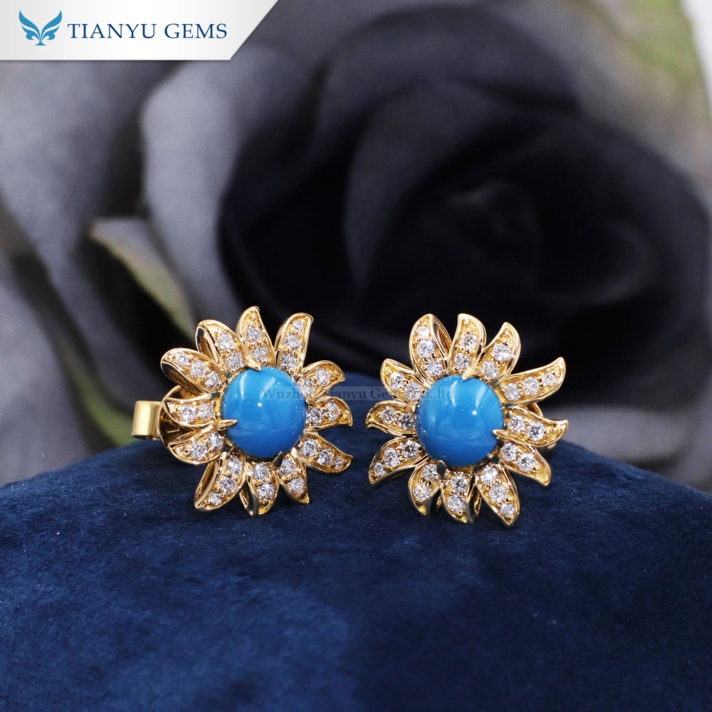Tianyu Gems Gold Turquoise Earrings 18k Yellow Gold Lab Grown Diamond Earrings 4