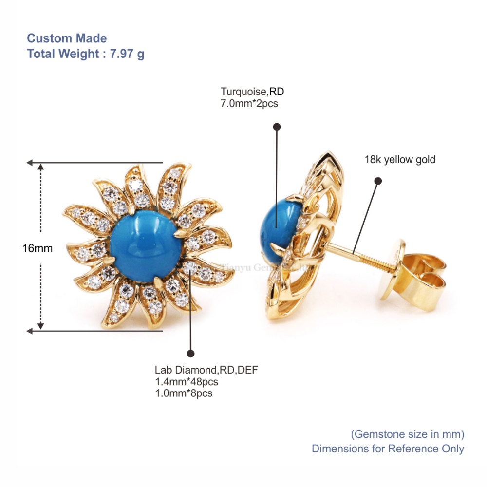 Tianyu Gems Gold Turquoise Earrings 18k Yellow Gold Lab Grown Diamond Earrings 5