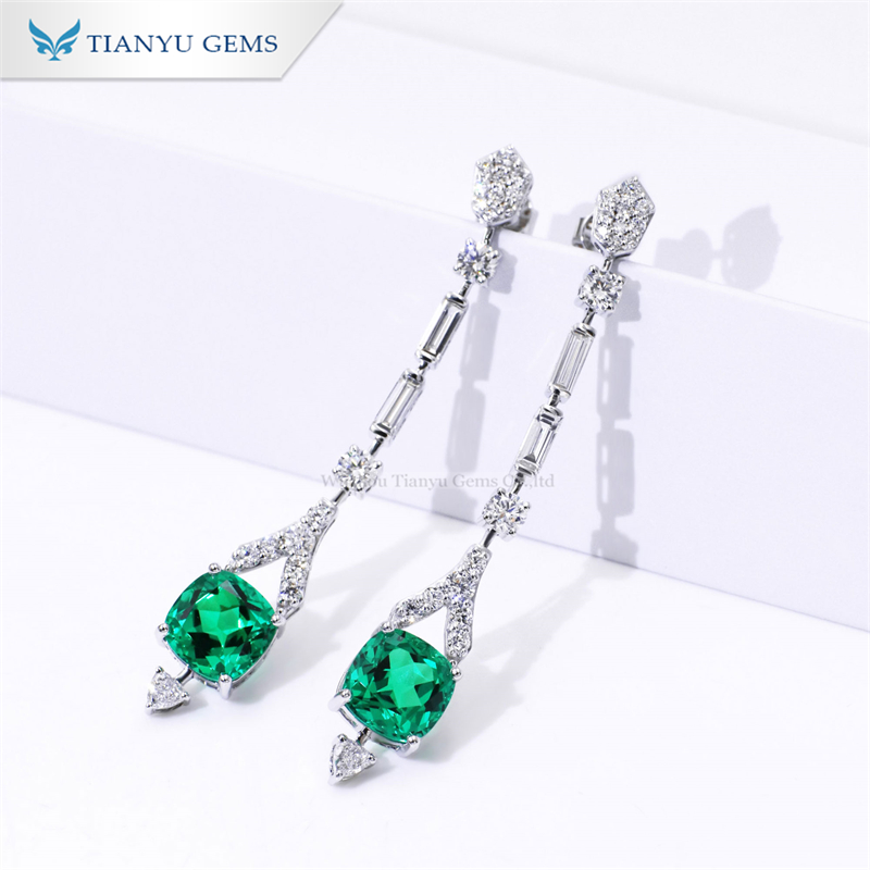 Tianyu Gems cushion cut lab emerald and moissanite diamond 14k white gold Pendant Earrings 3