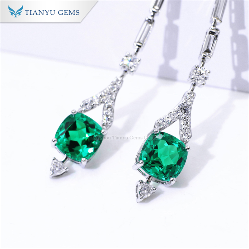 Tianyu Gems cushion cut lab emerald and moissanite diamond 14k white gold Pendant Earrings 2