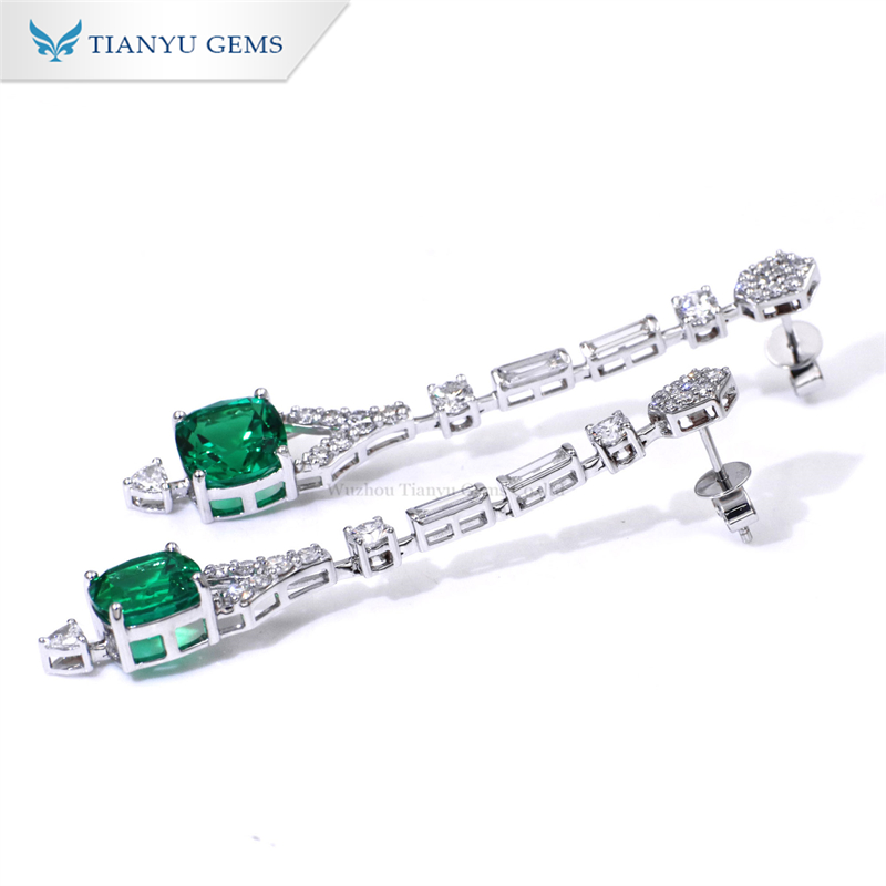 Tianyu Gems cushion cut lab emerald and moissanite diamond 14k white gold Pendant Earrings 4