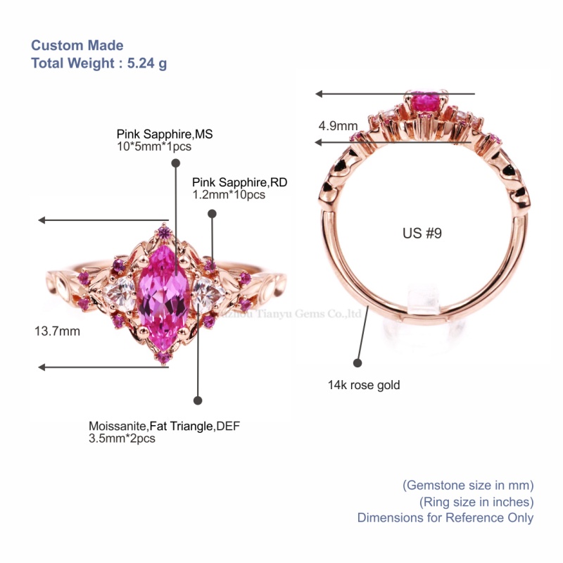 Pink Sapphire Rose Gold Leaf Ring with Moissanite Diamonds 5