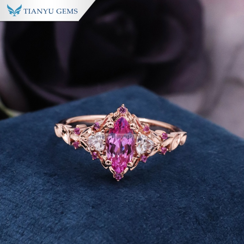 Pink Sapphire Rose Gold Leaf Ring with Moissanite Diamonds 2