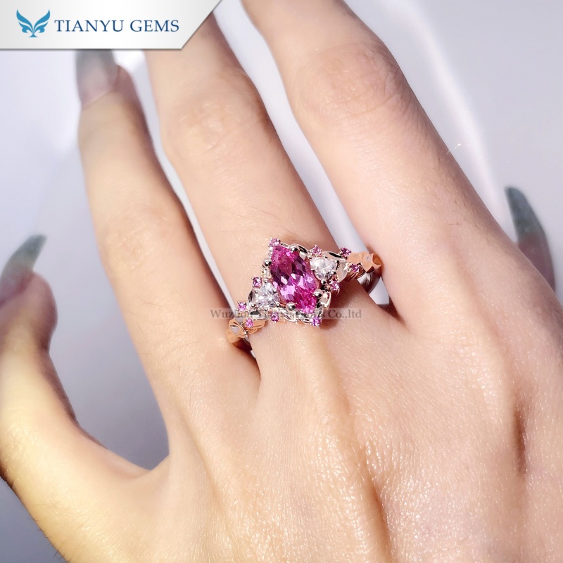 Pink Sapphire Rose Gold Leaf Ring with Moissanite Diamonds 4