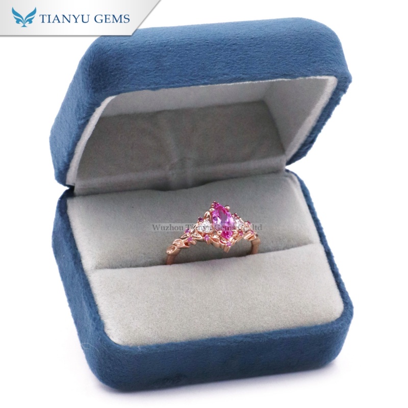 Pink Sapphire Rose Gold Leaf Ring with Moissanite Diamonds 7
