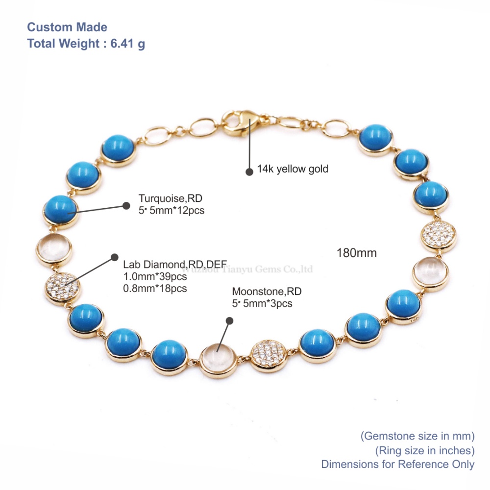 Tianyu Gems Turquoise Gold Bracelet 14k Yellow Gold Lab Grown Diamond Moonstone Bracelet 5