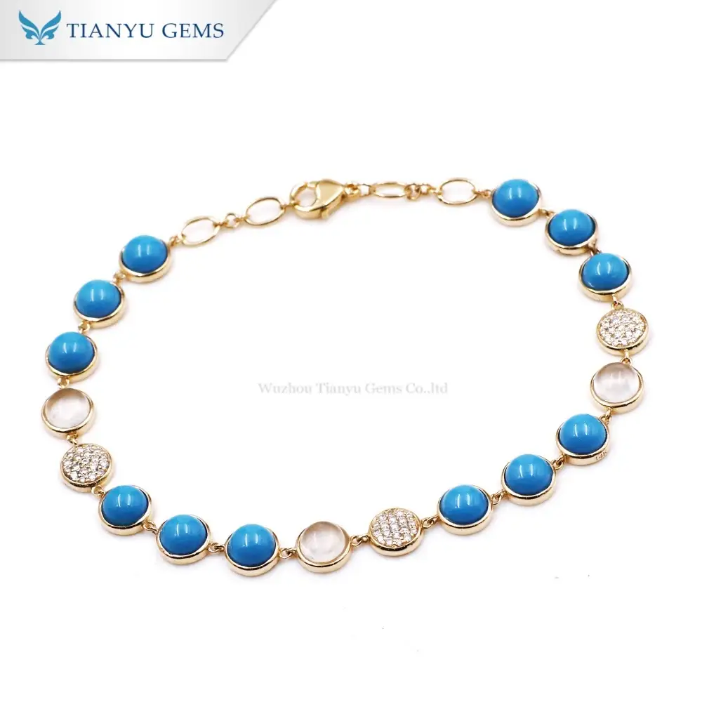 Tianyu Gems Turquoise Gold Bracelet 14k Yellow Gold Lab Grown Diamond Moonstone Bracelet 1