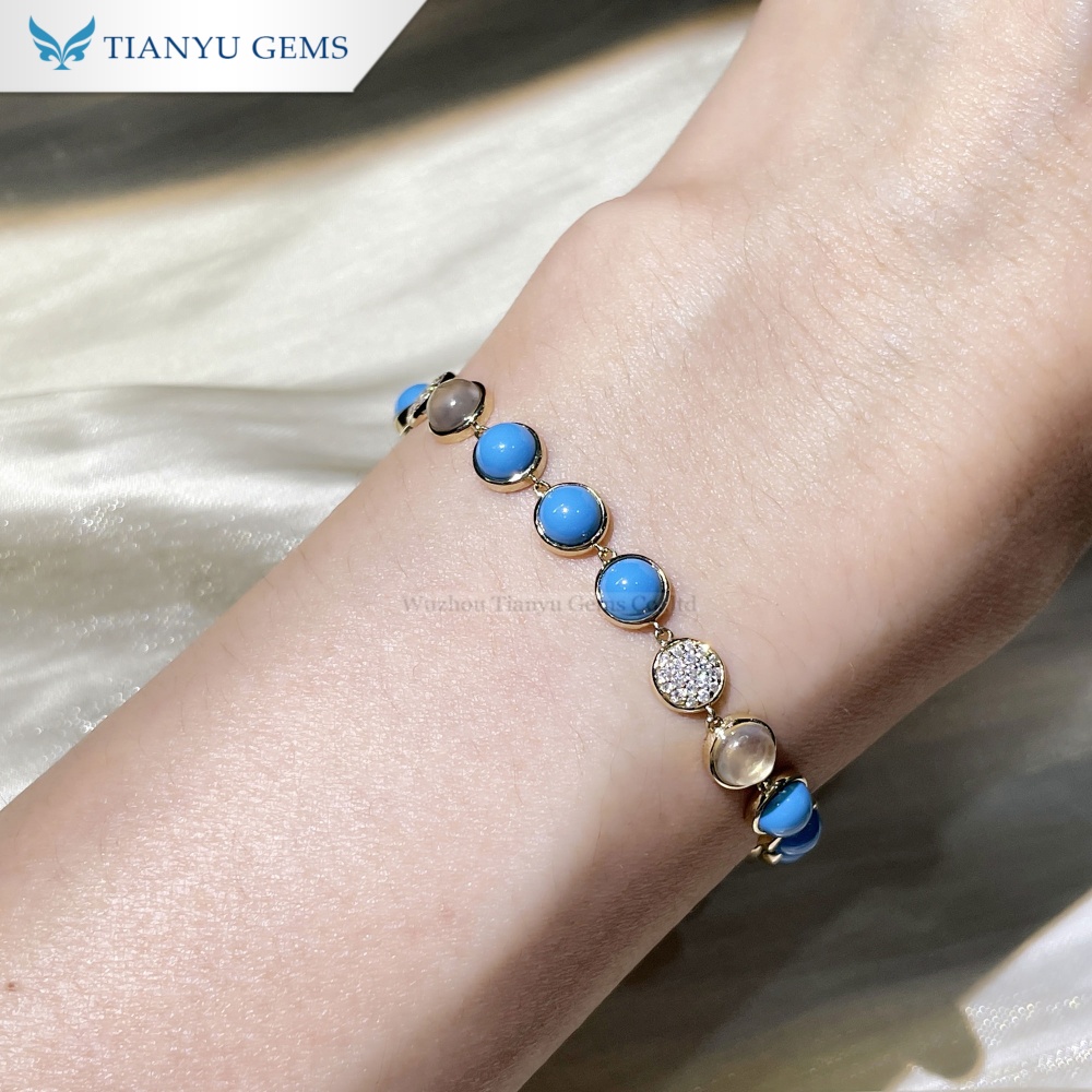 Tianyu Gems Turquoise Gold Bracelet 14k Yellow Gold Lab Grown Diamond Moonstone Bracelet 4