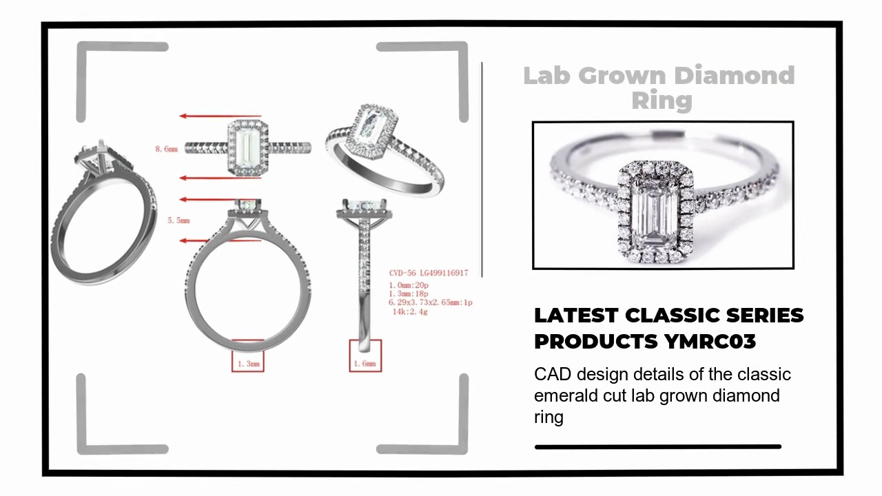 CAD design details of the classic .emerald cut lab grown diamond .ring.LATEST CLASSIC SERIES.PRODUCTS YMRC03.Lab Grown Diamond .Ring.