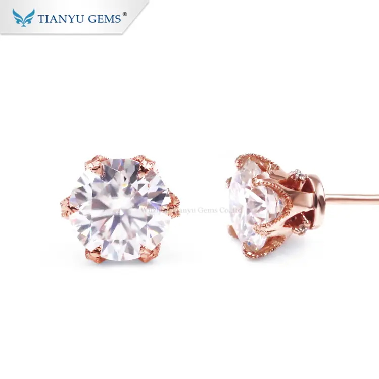 Tianyu gems - Tianyu customized 14k/18k solid rose gold earring 6mm 0.75ct moissanitie stud earring for ladies Earrings 1