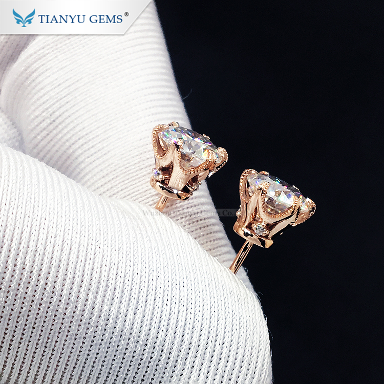 Tianyu customized 14k/18k solid rose gold earring 6mm 0.75ct moissanitie stud earring for ladies