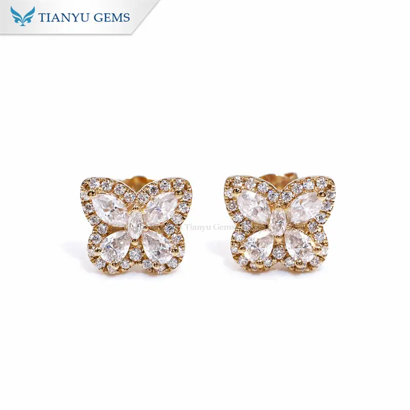 Tianyu Gems Butterfly Gold Earrings 14k Yellow Gold Marquise Round Cut Moissanite Diamond Earrings 1