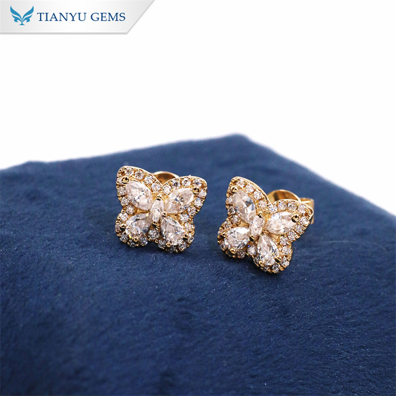 Tianyu Gems Butterfly Gold Earrings 14k Yellow Gold Marquise Round Cut Moissanite Diamond Earrings 2