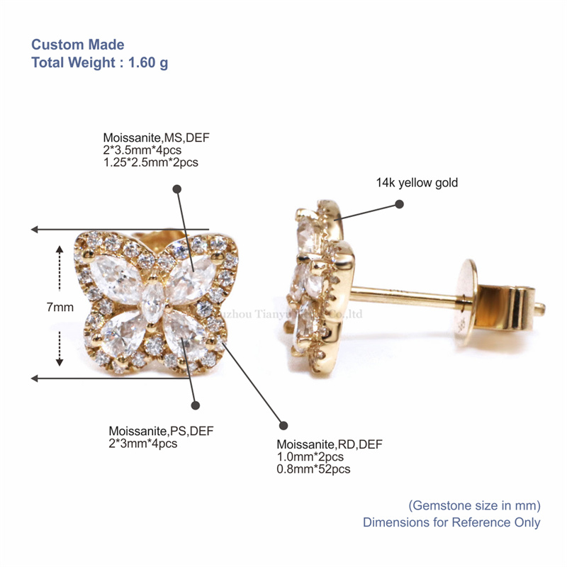 Tianyu Gems Butterfly Gold Earrings 14k Yellow Gold Marquise Round Cut Moissanite Diamond Earrings 5