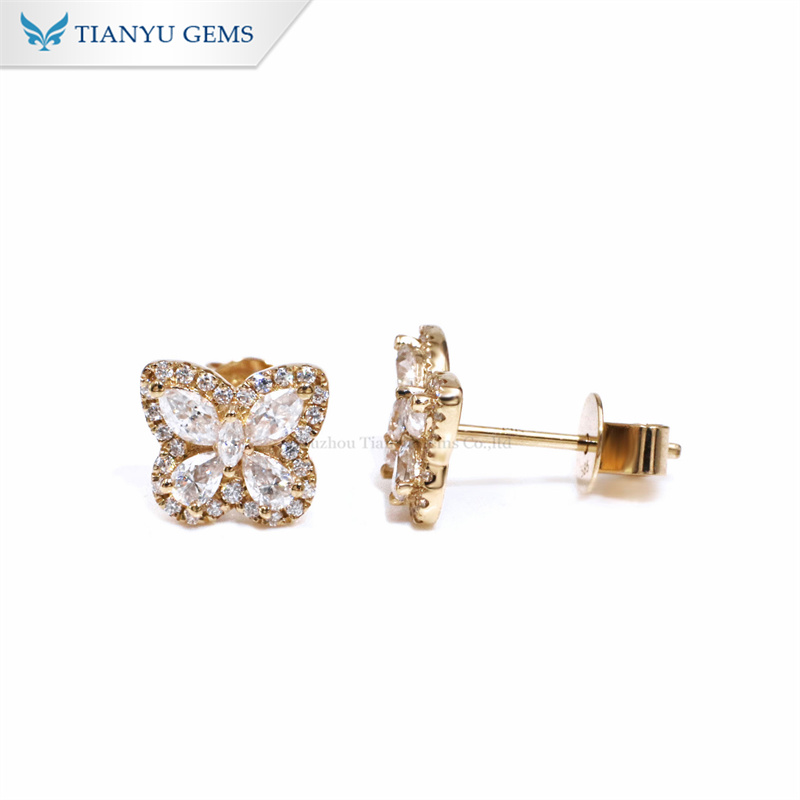 Tianyu Gems Butterfly Gold Earrings 14k Yellow Gold Marquise Round Cut Moissanite Diamond Earrings 3