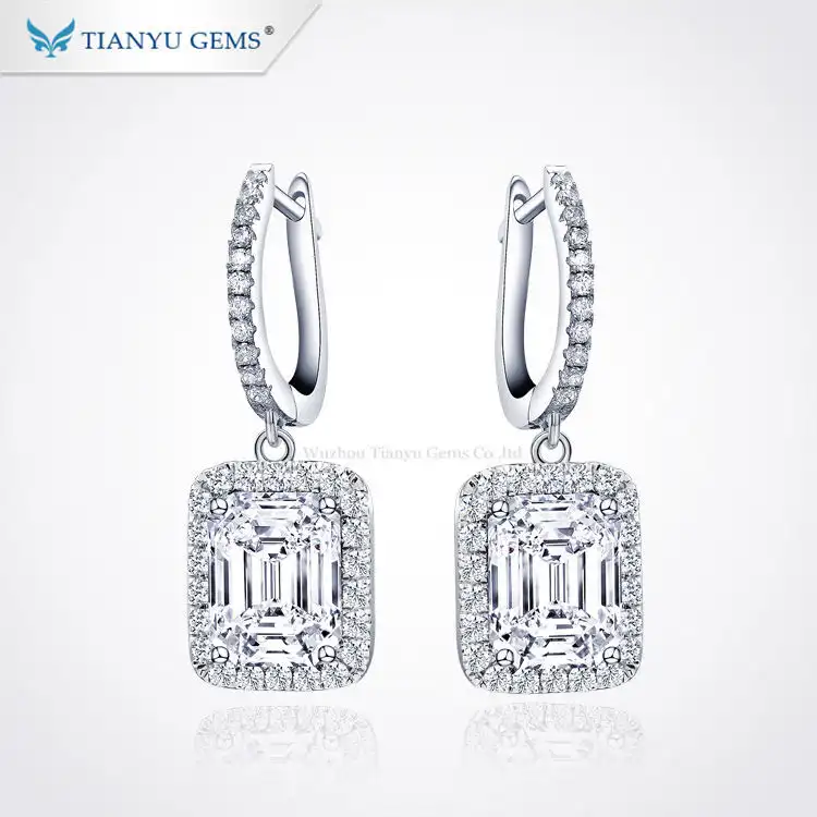 High End Custom Women Charm Gold Jewelry 4ct Colorless Emerald Cut Moissanite Drop Hoop Earrings 1