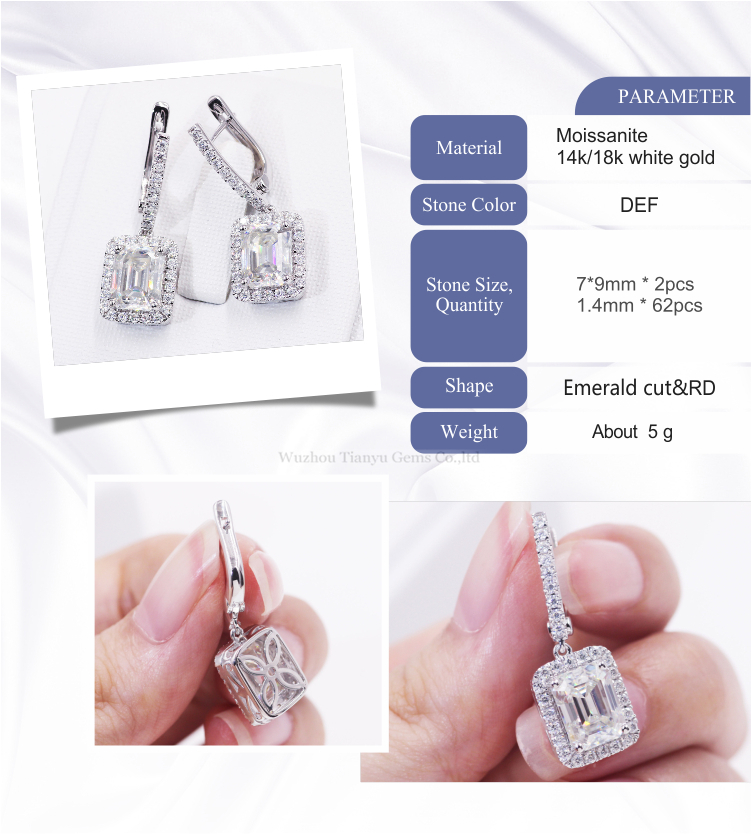Tianyu High End Custom Women Charm Gold Jewelry 4ctw Colorless Emerald Cut Moissanite Drop Hoop Earrings