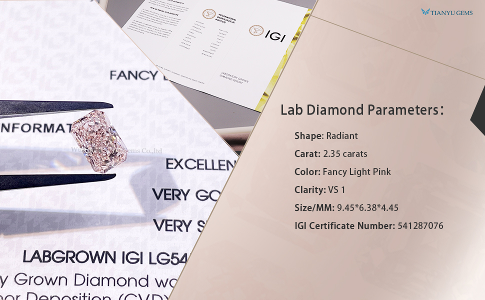 Tianyu Gems Factory Wholesale Radiant Cut 2.35ct Fancy Light Pink  3EX IGI Certified  Lab Grown Diamond 3