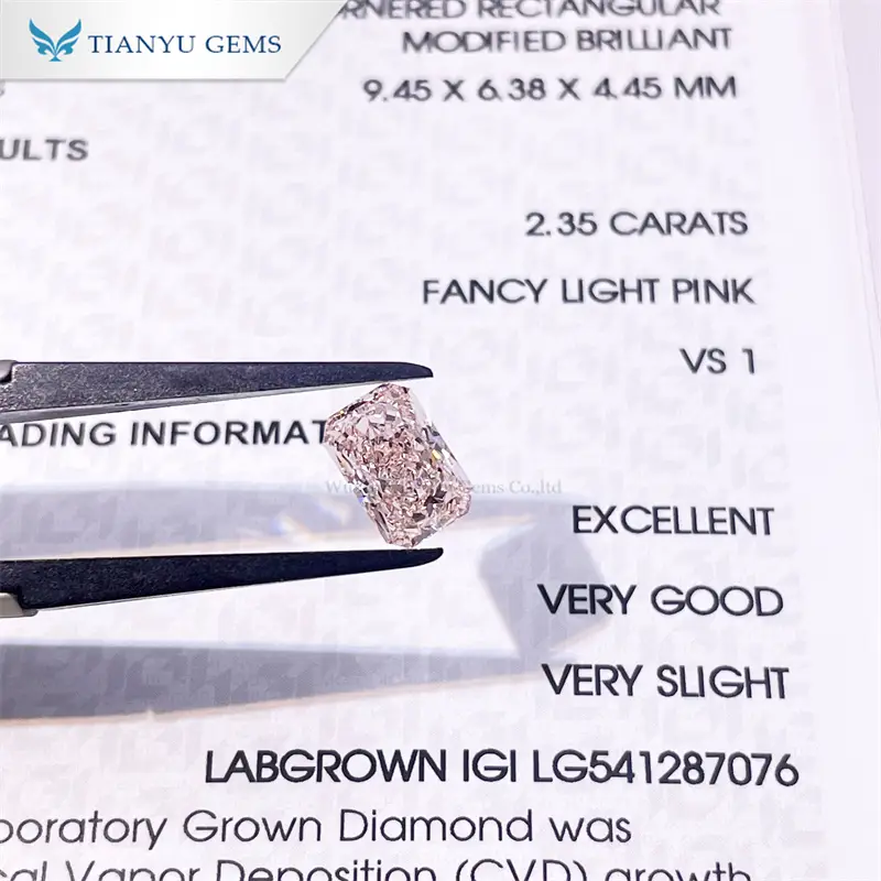 Tianyu Gems Factory Wholesale Radiant Cut 2.35ct Fancy Light Pink  3EX IGI Certified  Lab Grown Diamond 1