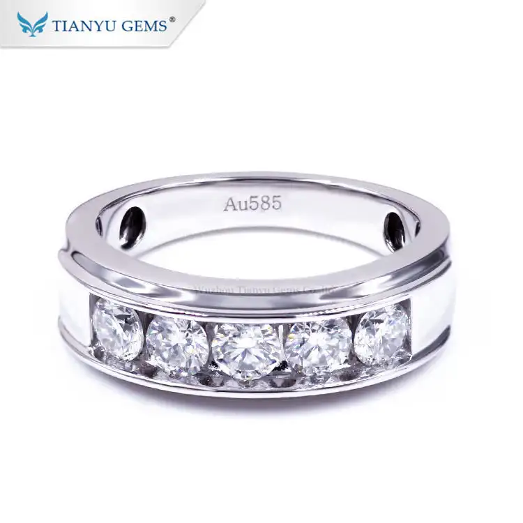 Tianyu gems real fine 14k/18k white gold jewelry 5 stone moissanite channel set wedding band men's ring 1