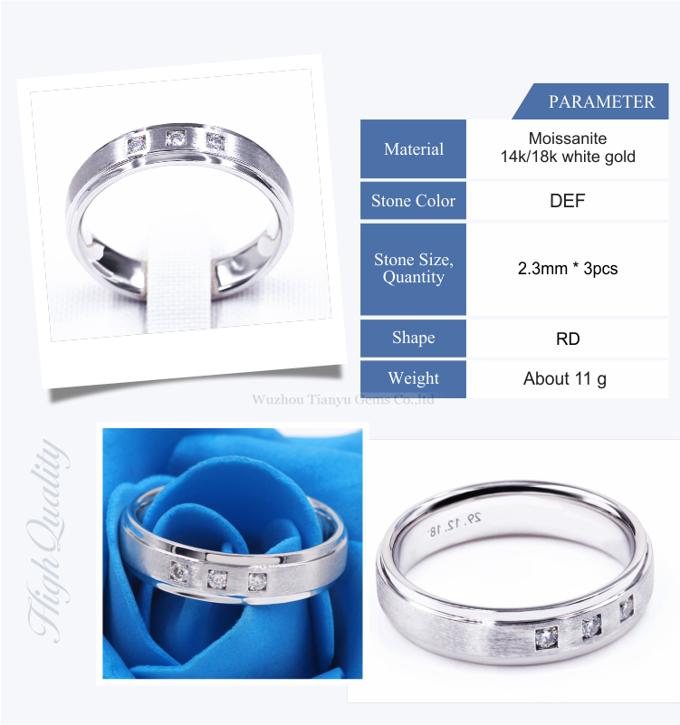 Tianyu customized princess cut moissanite diamond satin finish white gold men's wedding band jewelry ring