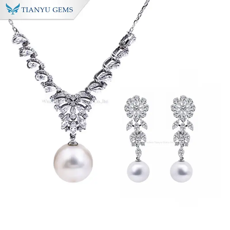 Tianyu Gems 14k White Gold Pearl Jewelry Set  Moissanite Diamond Paerl Necklace Earrings 1