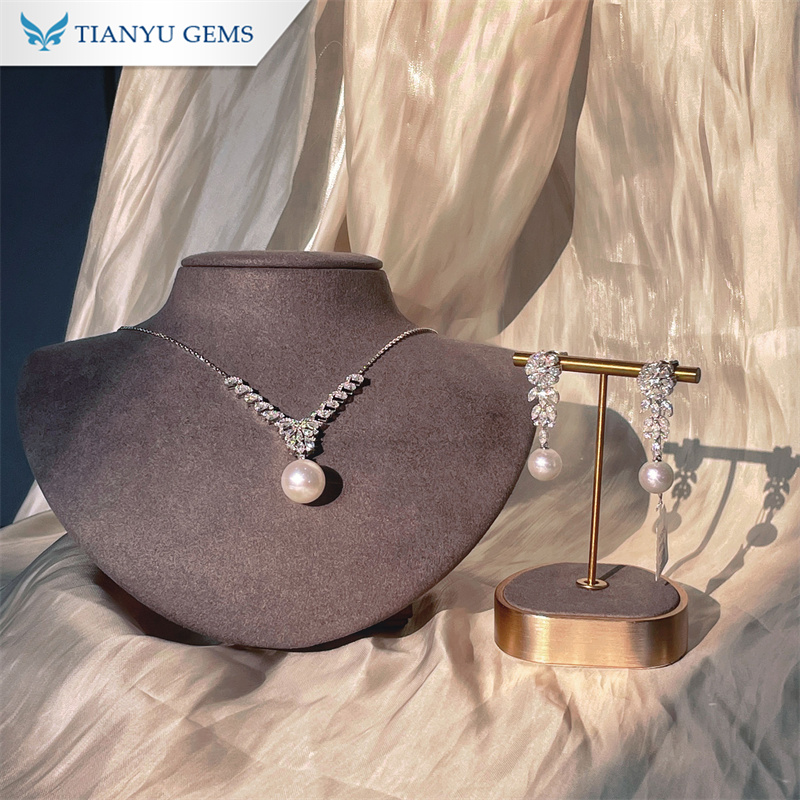 Tianyu Gems 14k White Gold Pearl Jewelry Set  Moissanite Diamond Paerl Necklace Earrings 10