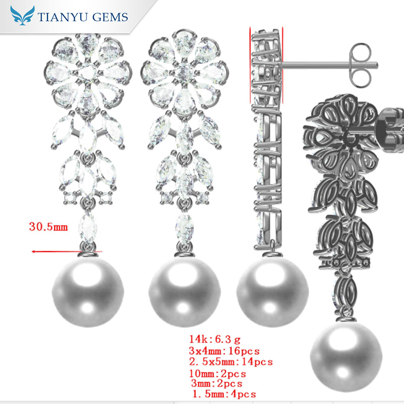 Tianyu Gems 14k White Gold Pearl Jewelry Set  Moissanite Diamond Paerl Necklace Earrings 9