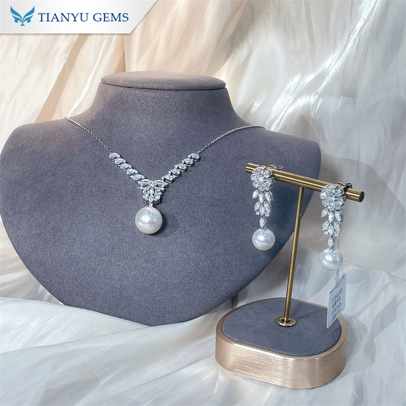Tianyu Gems 14k White Gold Pearl Jewelry Set  Moissanite Diamond Paerl Necklace Earrings 5