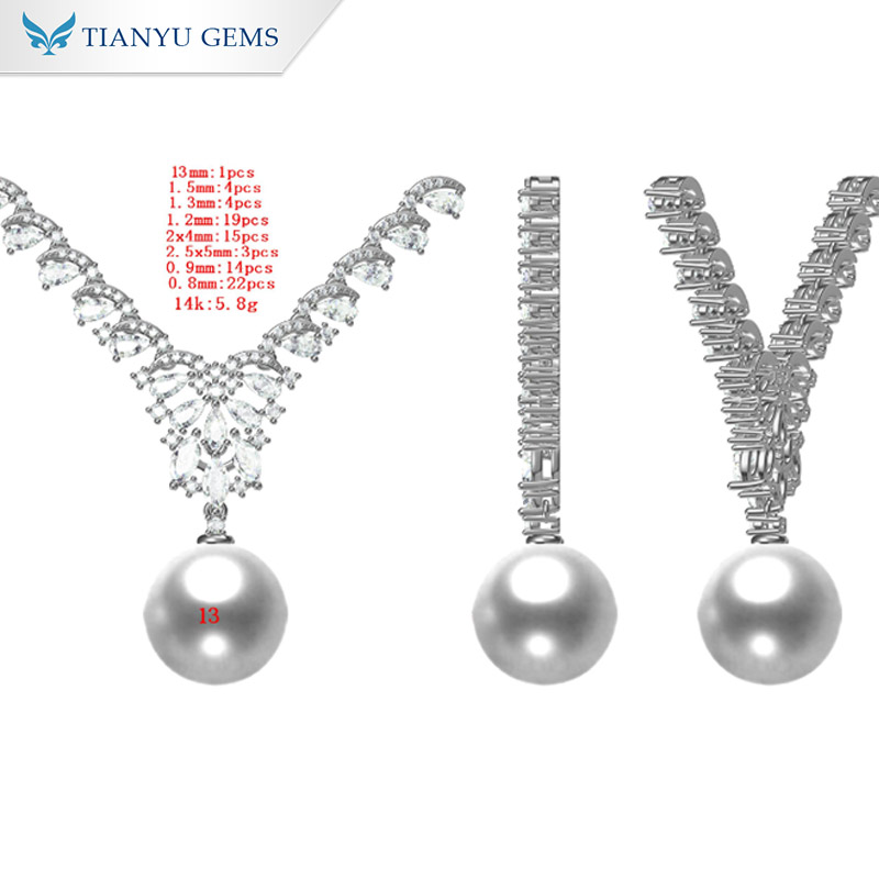 Tianyu Gems 14k White Gold Pearl Jewelry Set  Moissanite Diamond Paerl Necklace Earrings 8