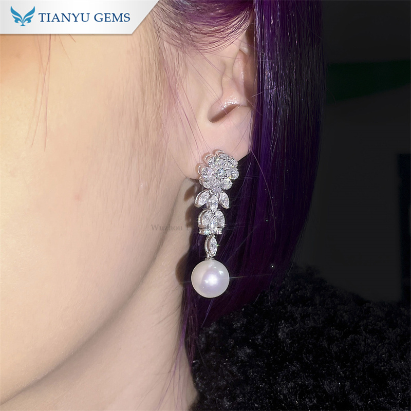 Tianyu Gems 14k White Gold Pearl Jewelry Set  Moissanite Diamond Paerl Necklace Earrings 7