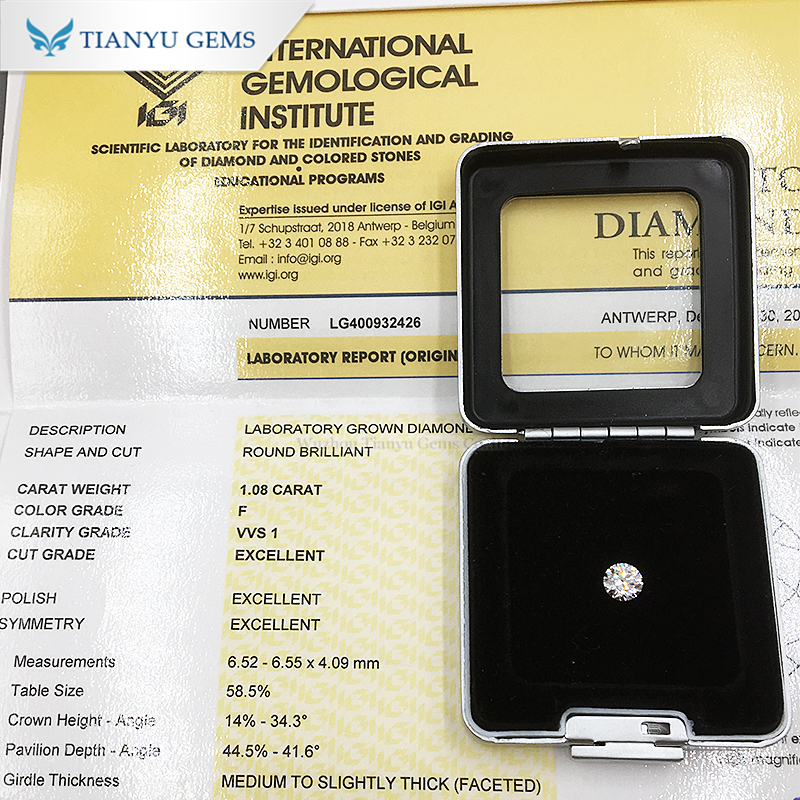 Tianyu gems IGI Certified CVD 1.08CT F VVS1 round brilliant cut 3Ex Round Brilliant cut Lab Grown Diamond 5