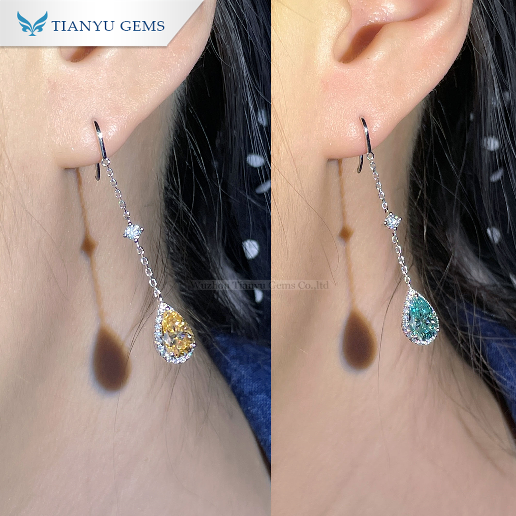 Tianyu gems drop earring 1ct color moissanite pear shape white gold material women long earring 4