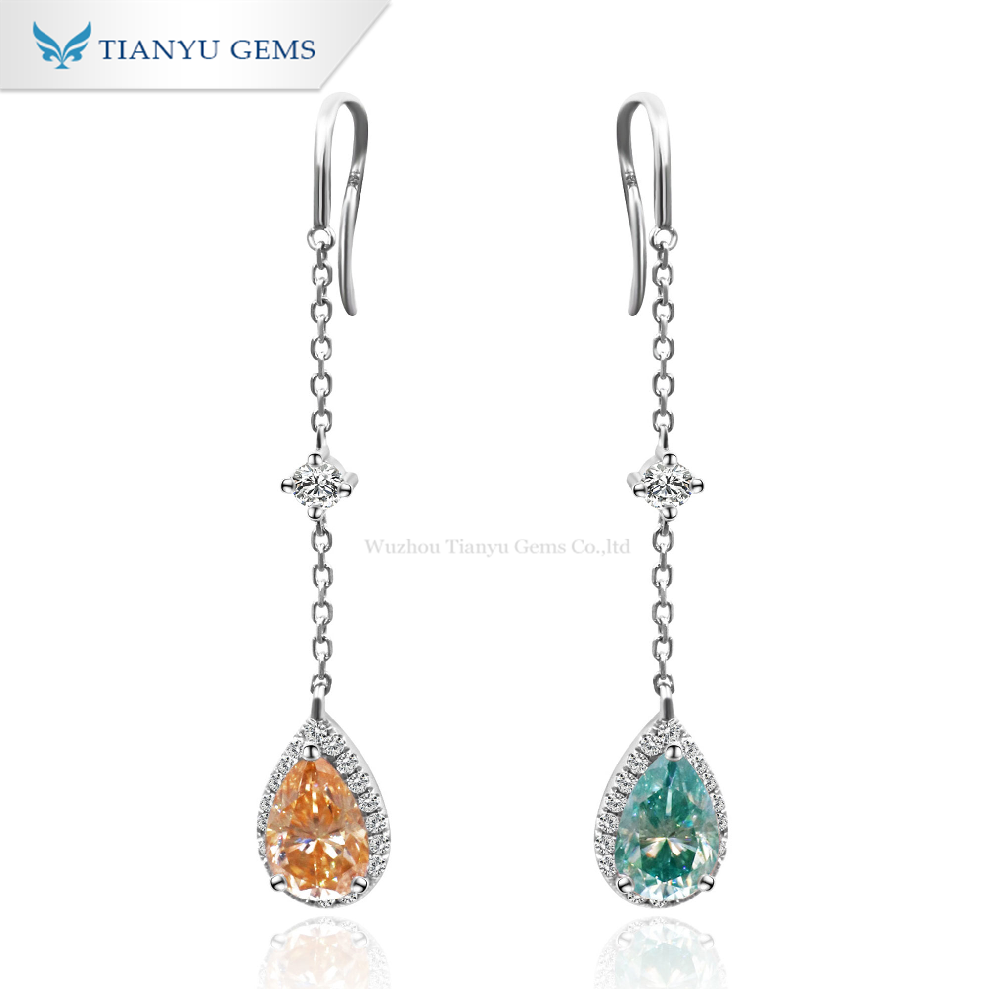 Tianyu gems drop earring 1ct color moissanite pear shape white gold material women long earring 2