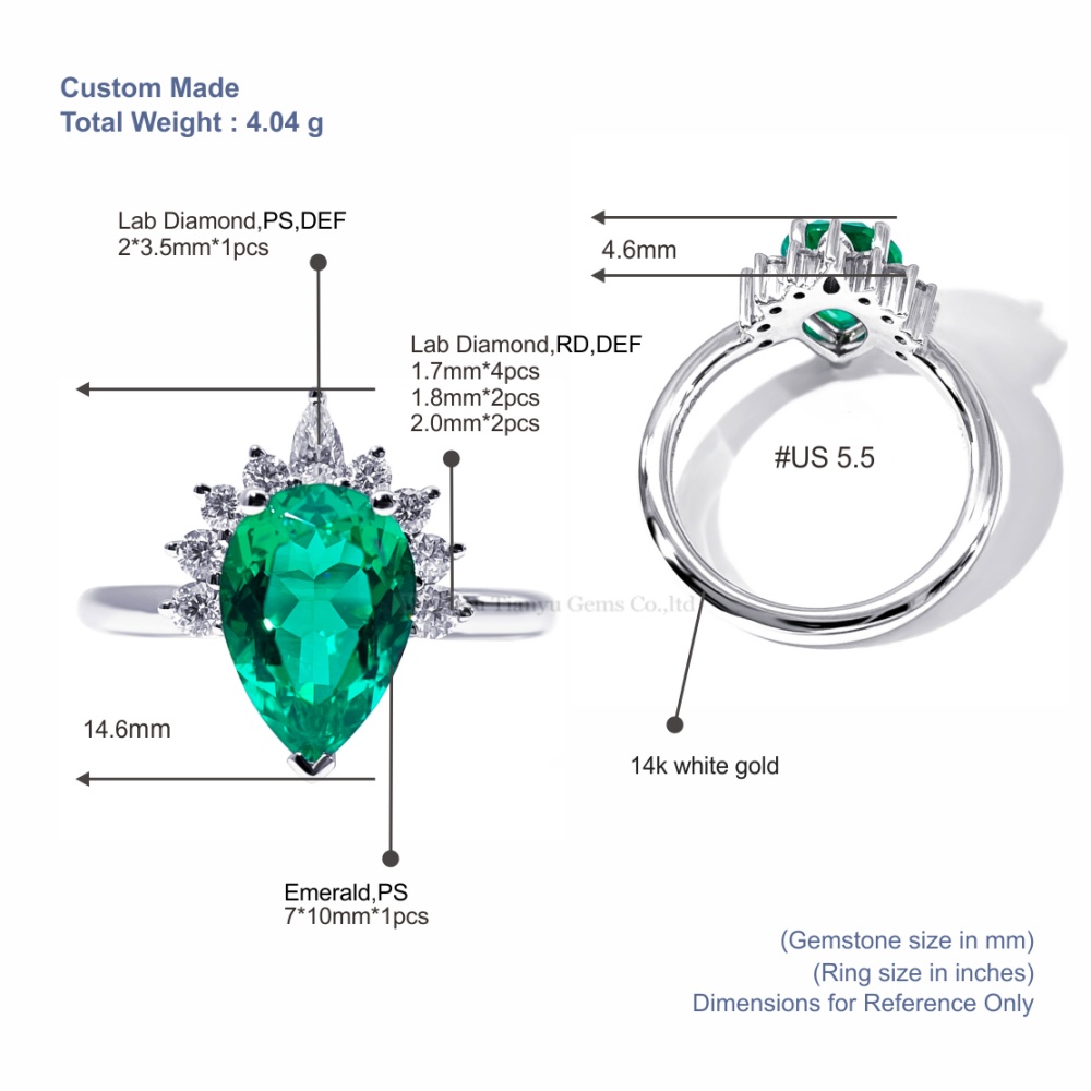 Anillo de esmeralda talla pera de Tianyu Gems en oro blanco de 14k con diamante cultivado en laboratorio. 5