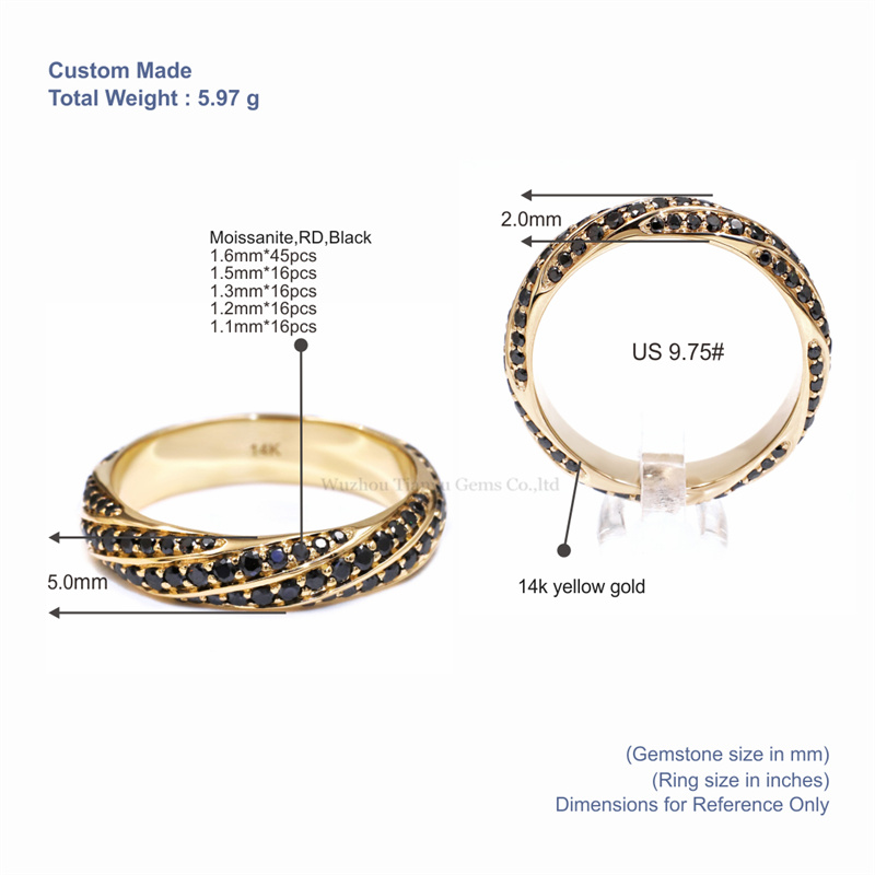 Tianyu Gems Round Black Moissan Diamond Ring 14k Yellow Gold Ring Band 5