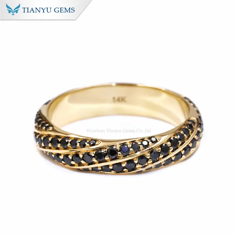 Tianyu Gems Round Black Moissan Diamond Ring 14k Yellow Gold Ring Band 1