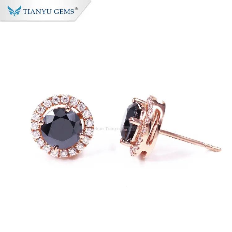 Anting-anting stud halo moissanite potongan bulat hitam 1 karat borong barang kemas emas mawar padu kilang permata Tianyu 1
