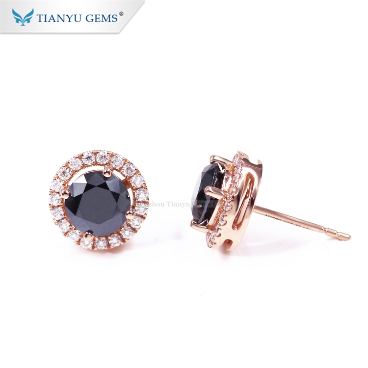  Anting-anting stud halo moissanite potongan bulat hitam 1 karat borong kilang permata Tianyu untuk wanita