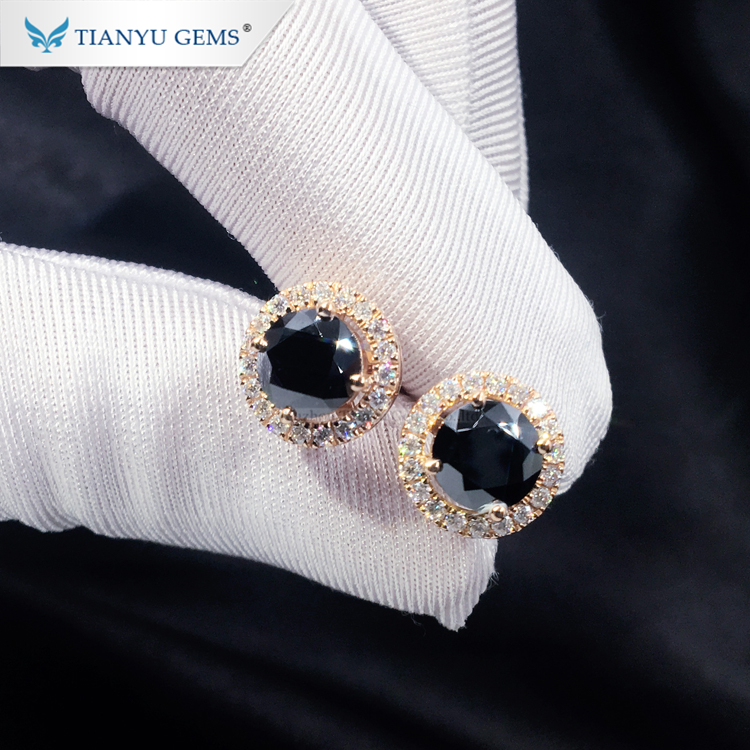  Anting-anting stud halo moissanite potongan bulat hitam 1 karat borong kilang permata Tianyu untuk wanita