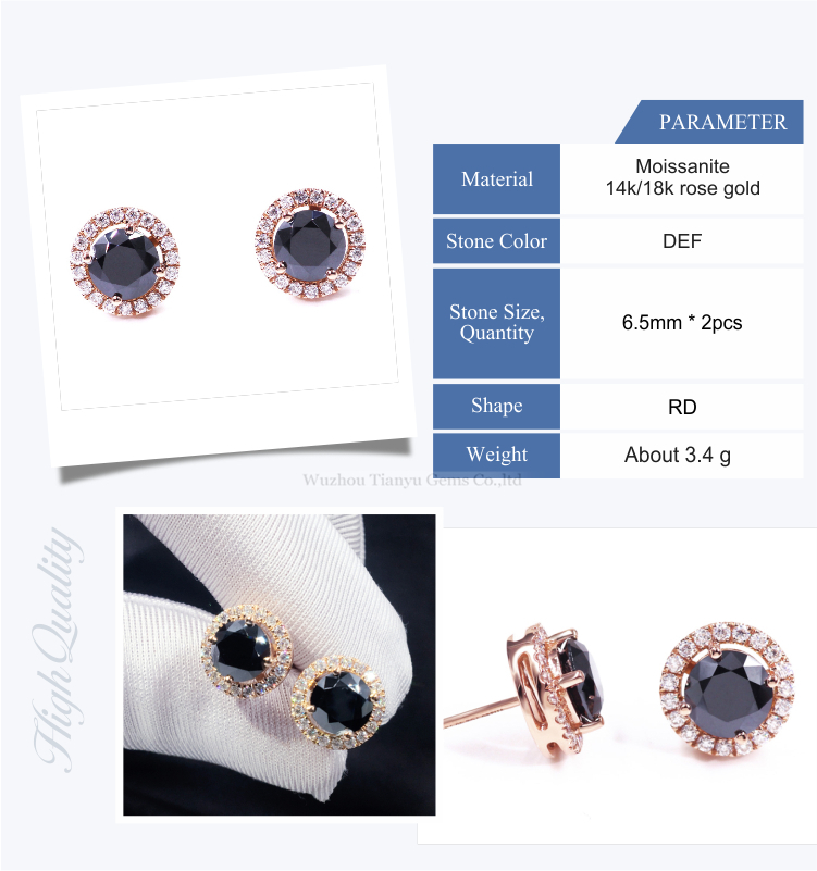  Kilang permata Tianyu borong barang kemas emas mawar padu 1 karat potongan bulat moissanite halo stud anting-anting untuk wanita