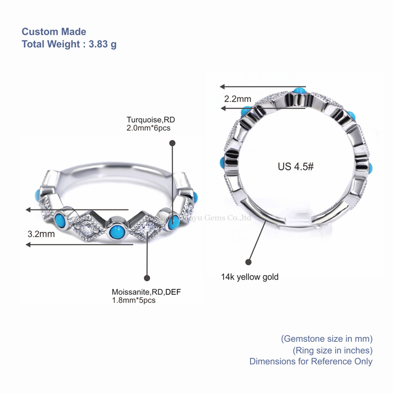 Anillo de turquesa y moissanita de Tianyu Gems, oro de 14k, con banda de turquesa blanca. 5