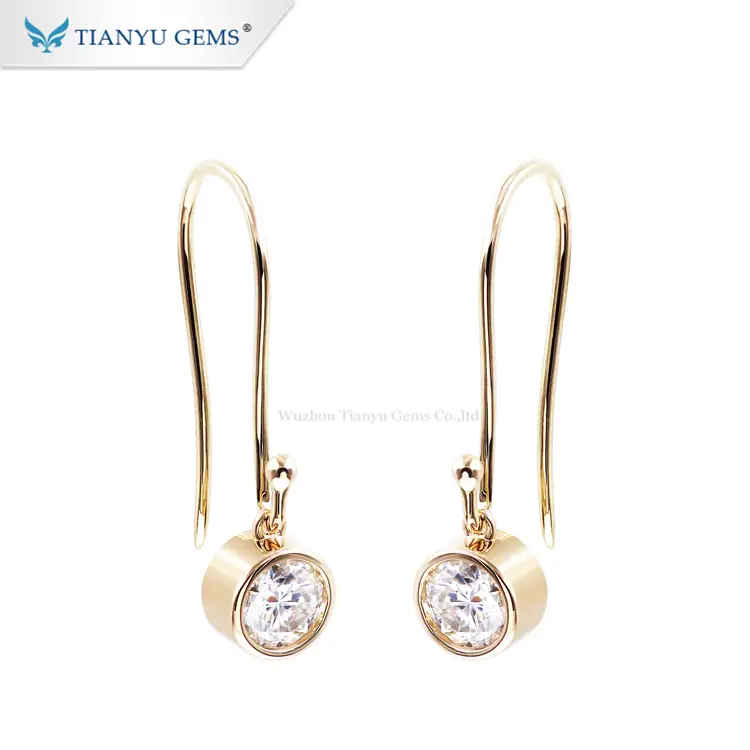 Tianyu customized 14k/18k yellow gold hook 4mm round heart&amp;arrow colorless moissanite earring 1
