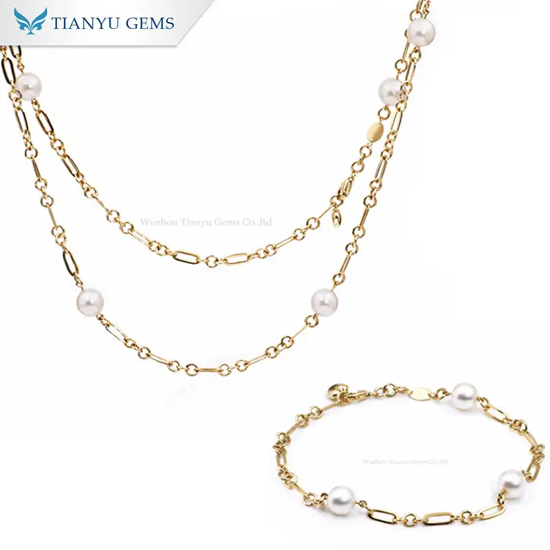 Tianyu Gems 14k Yellow Gold Pearl Jewelry Set Pearl Necklace Bracelet 1