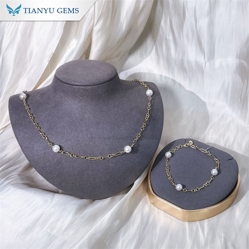 Tianyu Gems 14k Yellow Gold Pearl Jewelry Set Pearl Necklace Bracelet 6