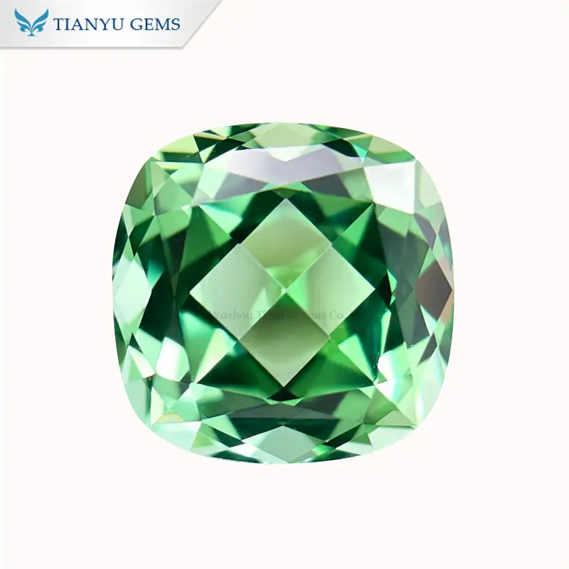 Handmade 8*8mm Cushion Natural Cut Light Green Lab Sapphire 1