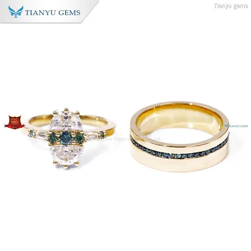 18k Yellow Gold Couple Rings, VVS Moissanite, Customizable, Gift Box, Unique Design 1