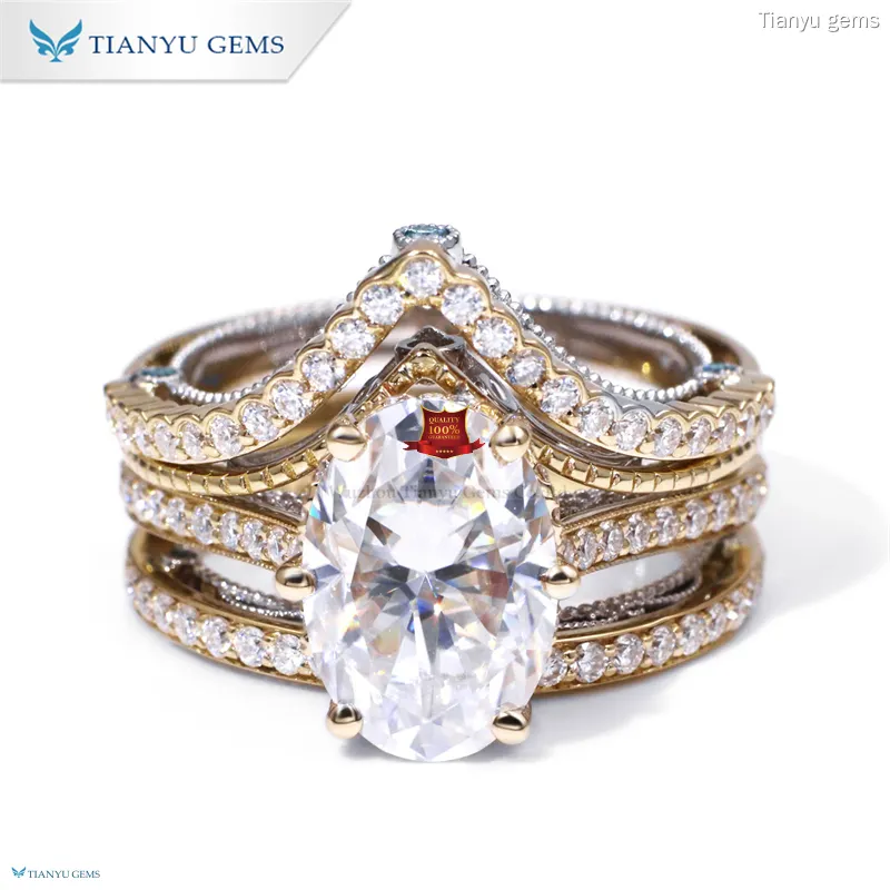 Oval Cut Moissanite Diamond Ring Set in 14K Yellow and White Gold 1